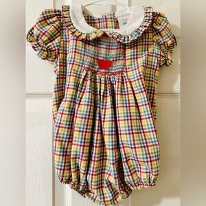 Back-to-school bubble! Precious knitted apple smocked design, in red plaid.